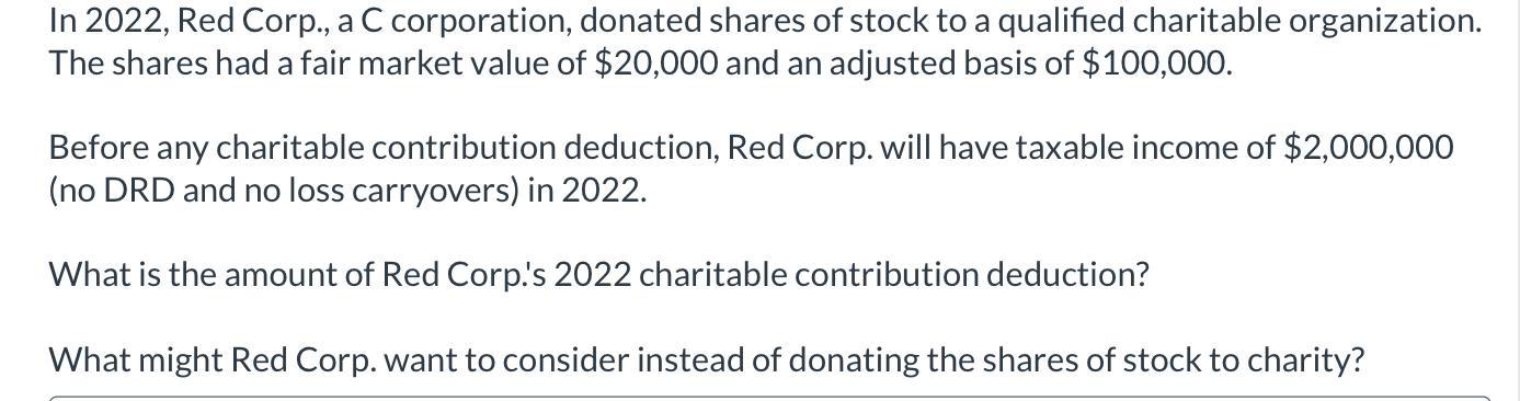 In 2022, Red Corp., a C corporation, donated shares of stock to a qualified charitable organization. The shares had a fair ma