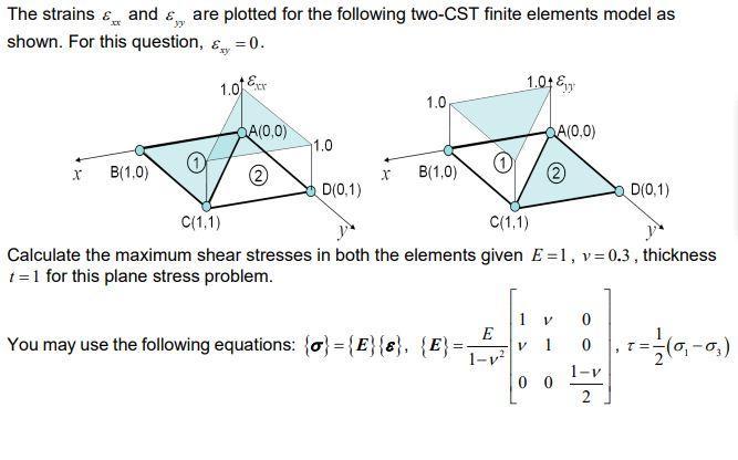 The strains & and are plotted for the following two-CST finite elements model as 39 shown. For this question,