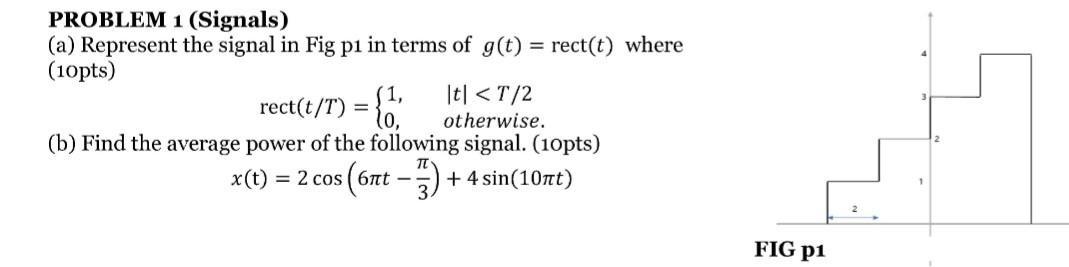 PROBLEM 1 (Signals) (a) Represent the signal in Fig p1 in terms of g(t) = rect(t) where (10pts) rect(t/T) =