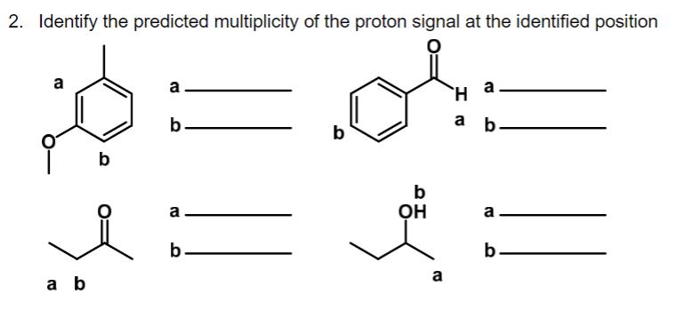 2. Identify the predicted multiplicity of the proton signal at the identified position b ab a \( a \) a b b