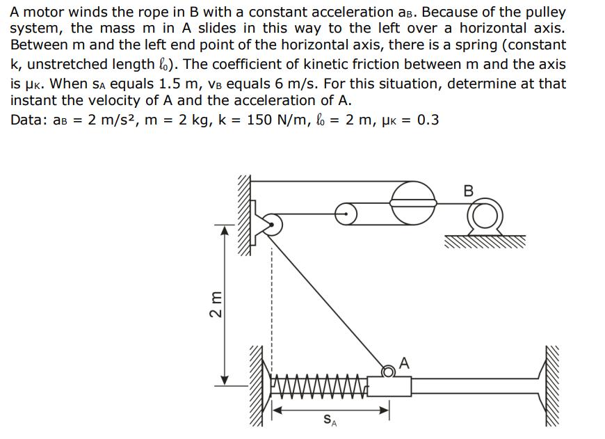 A motor winds the rope in B with a constant acceleration ab. Because of the pulley system, the mass m in A