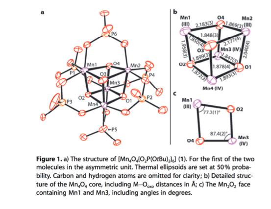 Figure 1. a) The structure of ( left[mathrm{Mn}_{4} mathrm{O}_{4}left{mathrm{O}_{2} mathrm{P}(mathrm{OtBu})_{2}igh