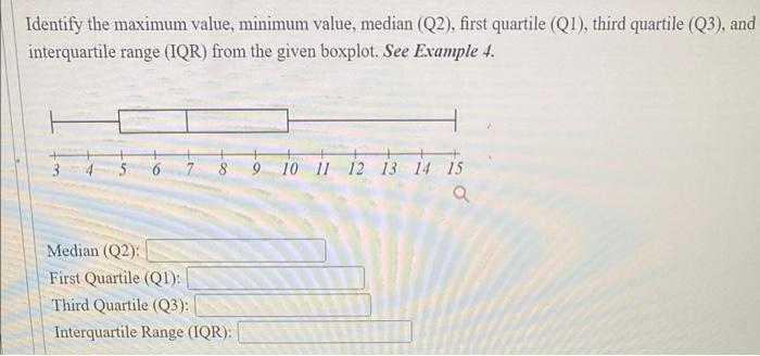 Identify the maximum value, minimum value, median (Q2), first quartile (Q1), third quartile (Q3), and interquartile range (IQ