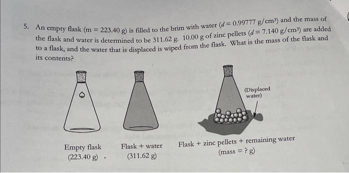 5. An empty flask ( ( mathrm{m}=223.40 mathrm{~g}) ) is filled to the brim with water ( left(d=0.99777 mathrm{~g} / m