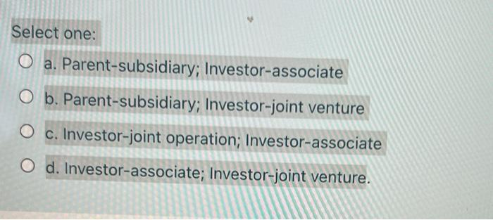 Select one: O a. Parent-subsidiary; Investor-associate O b. Parent-subsidiary; Investor-joint venture Oc.