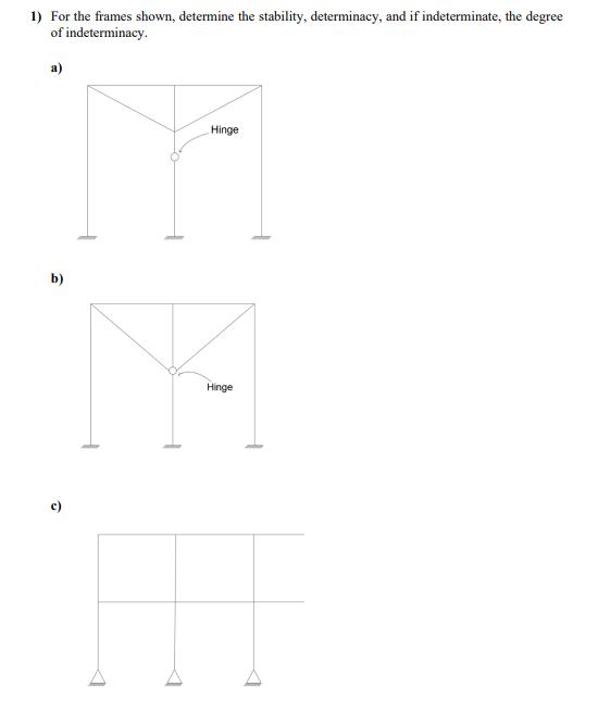 1) For the frames shown, determine the stability, determinacy, and if indeterminate, the degree of indeterminacy. a) b) c