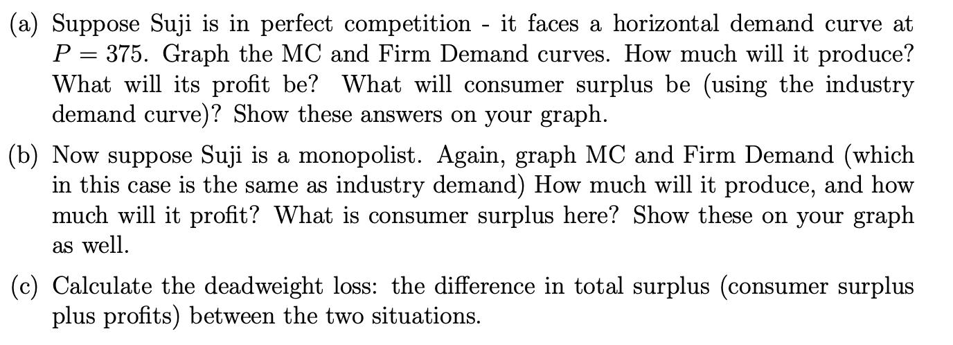 (a) Suppose Suji is in perfect competition - it faces a horizontal demand curve at P = 375. Graph the MC and Firm Demand curv