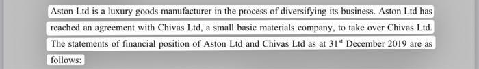 Aston Ltd is a luxury goods manufacturer in the process of diversifying its business. Aston Ltd has reached an agreement with