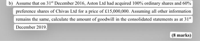 Assume that on ( 31^{text {st }} ) December 2016 , Aston Ltd had acquired ( 100 % ) ordinary shares and ( 60 % ) pre
