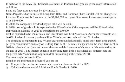 In addition to the AAA Ltd. financial statements in Problem One, you are given more information as follows. Sales are forecas
