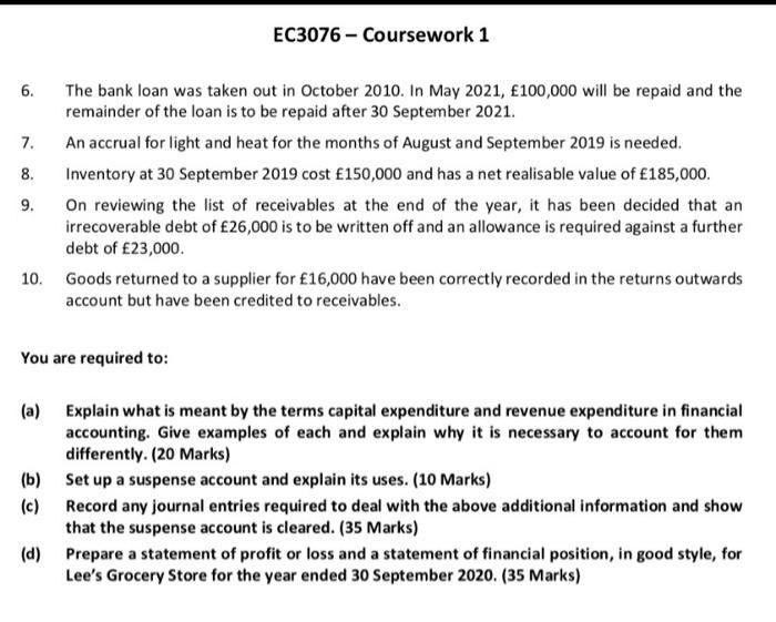 EC3076 - Coursework 1 6. The bank loan was taken out in October 2010. In May 2021, £100,000 will be repaid and the remainder