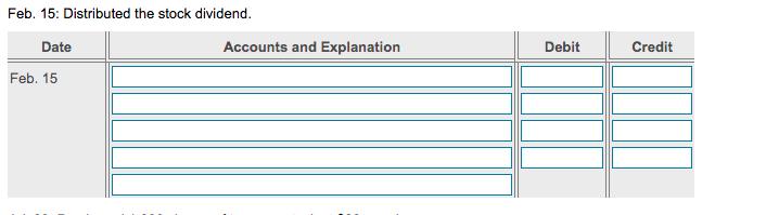 Feb. 15: Distributed the stock dividend. Date Accounts and Explanation Debit Credit Feb. 15