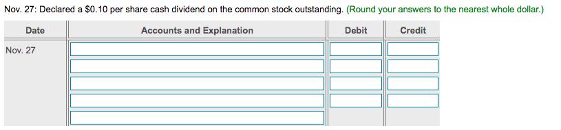 Nov. 27: Declared a $0.10 per share cash dividend on the common stock outstanding. (Round your answers to the nearest whole d