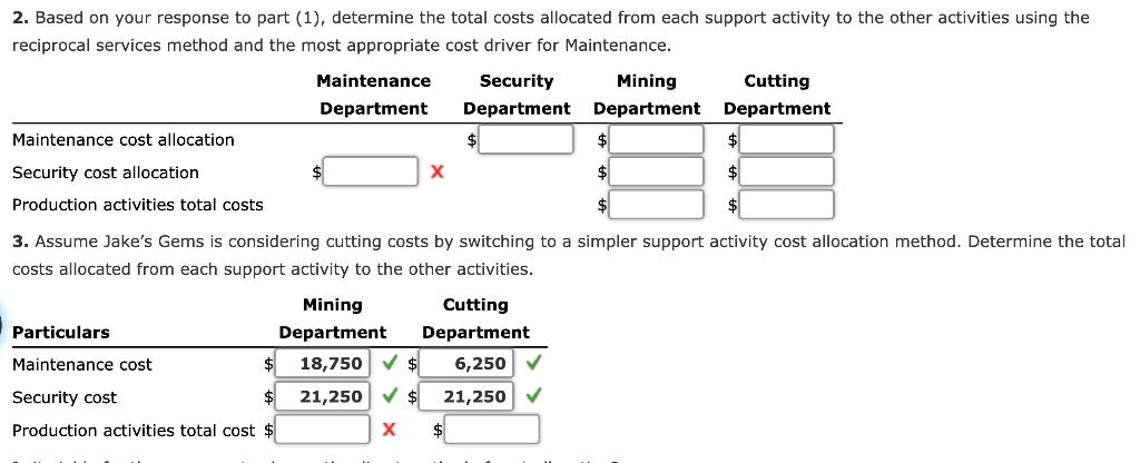 2. Based on your response to part (1), determine the total costs allocated from each support activity to the other activities