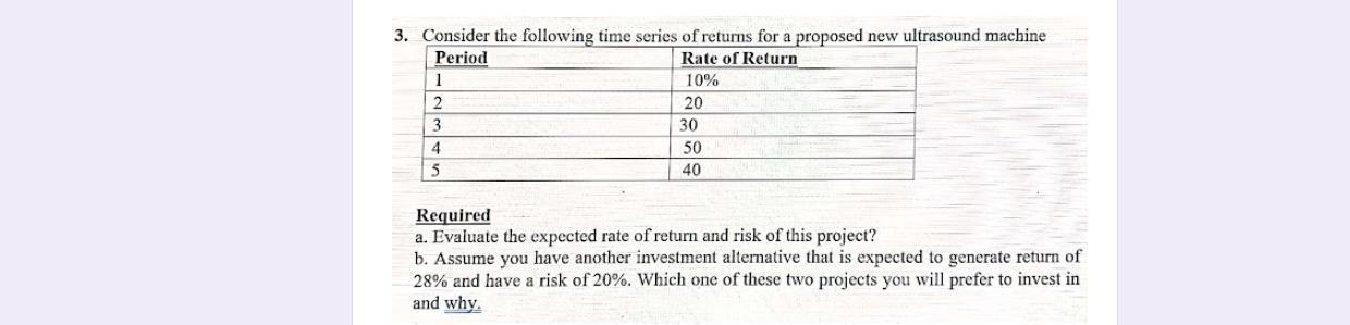 3. Consider the following time series of returns for a proposed new ultrasound machine Period Rate of Return 1r10% 2r20 3r30