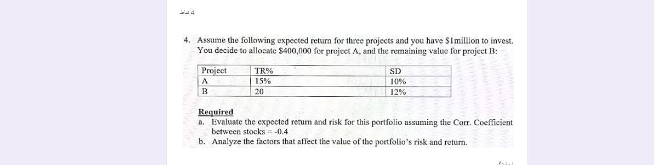 کے تقا 4. Assume the following expected return for three projects and you have $1million to invest. You decide to allocate $4
