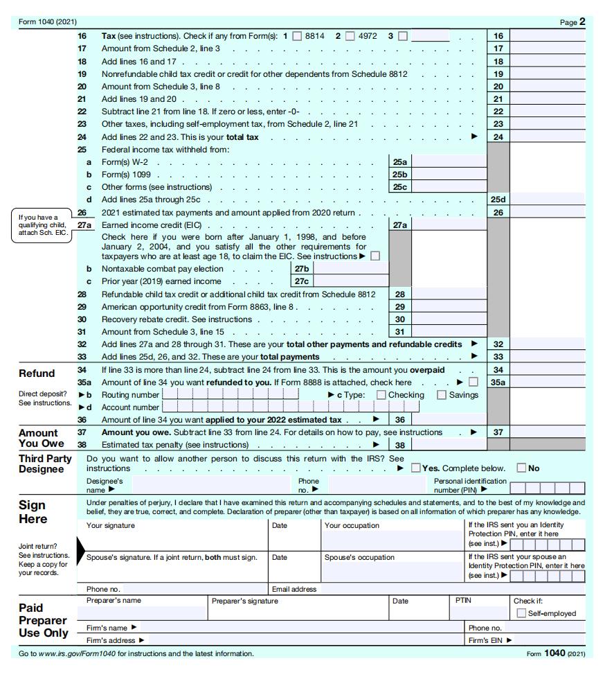 Form 1040 (2021) 16 Tax (see instructions). Check if any from Form(s): 18814 2 4972 3 Amount from Schedule 2, line 3 17 18 Ad