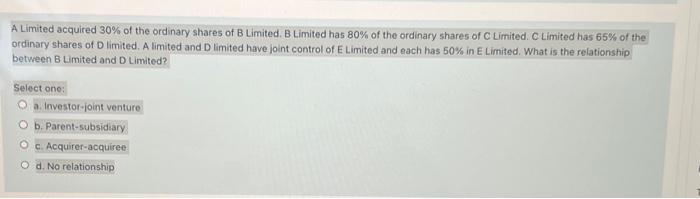 A Limited acquired ( 30 % ) of the ordinary shares of B Limited. B Limited has ( 80 % ) of the ordinary shares of C Lim