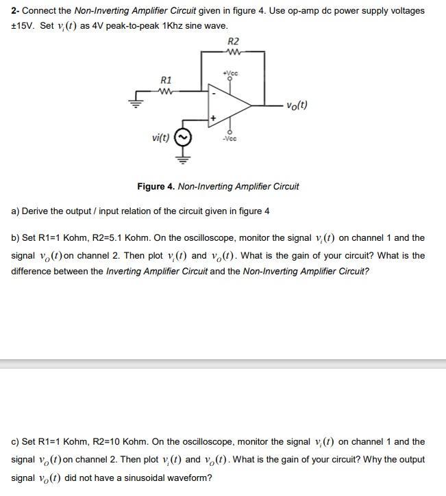 2- Connect the Non-Inverting Amplifier Circuit given in figure 4. Use op-amp dc power supply voltages +15V.