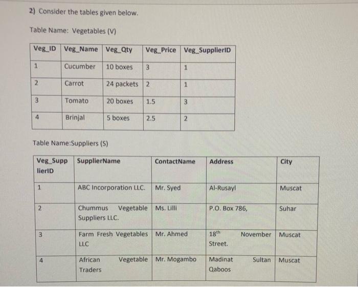 2) Consider the tables given below. Table Name: Vegetables (V) Veg_ID Veg_Name Veg_Qty Veg Price Veg_SupplierID 1rCucumber 10