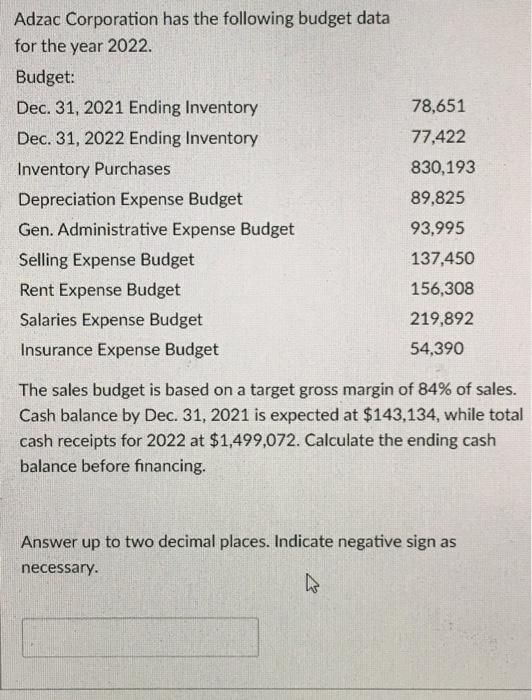 Adzac Corporation has the following budget data for the year 2022. Budget: Dec. 31, 2021 Ending Inventory Dec. 31, 2022 Endin