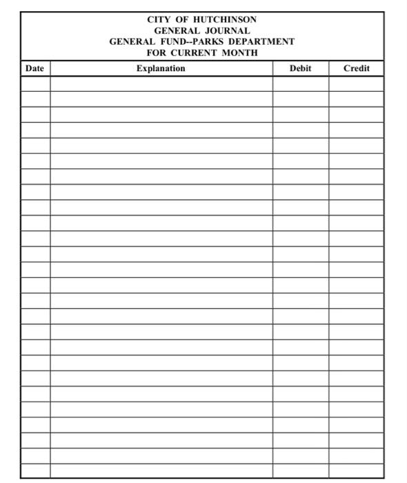 CITY OF HUTCHINSON GENERAL JOURNAL GENERAL FUND-PARKS DEPARTMENT FOR CURRENT MONTH Date Explanation Debit Credit