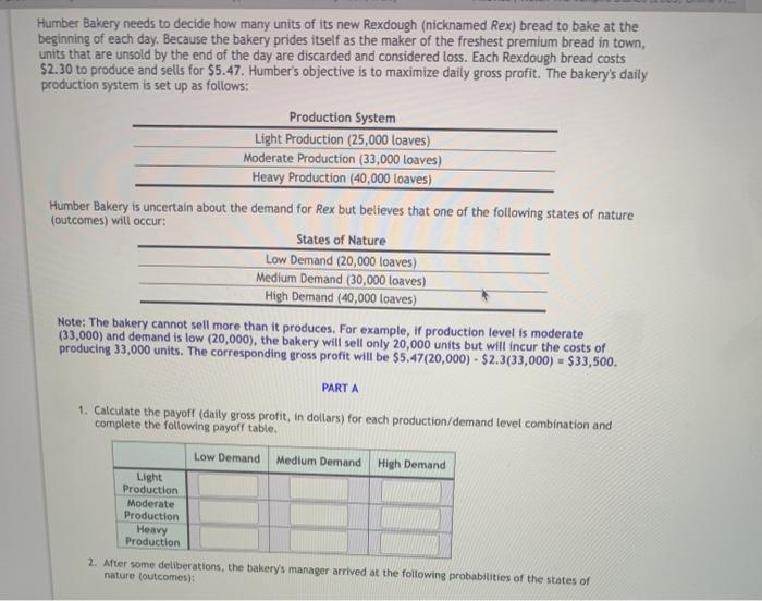 Humber Bakery needs to decide how many units of its new Rexdough (nicknamed Rex) bread to bake at the beginning of each day.