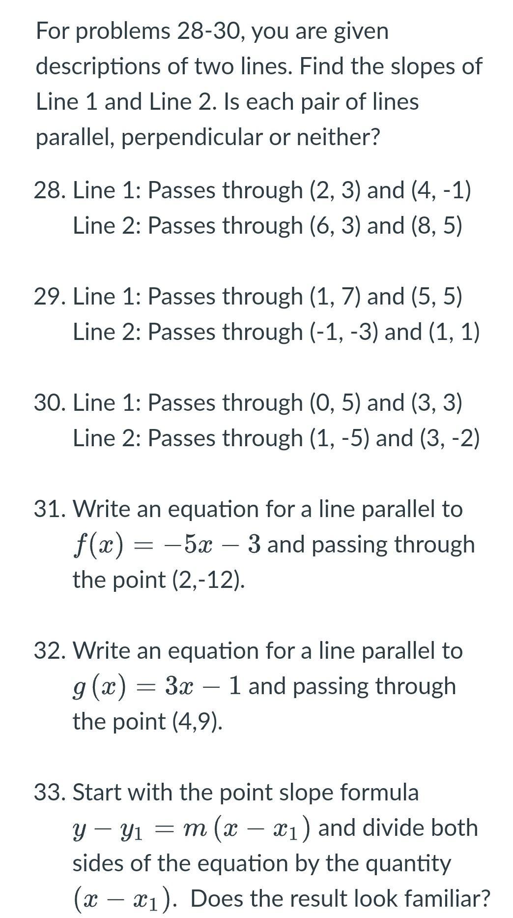 For problems 28-30, you are given descriptions of two lines. Find the