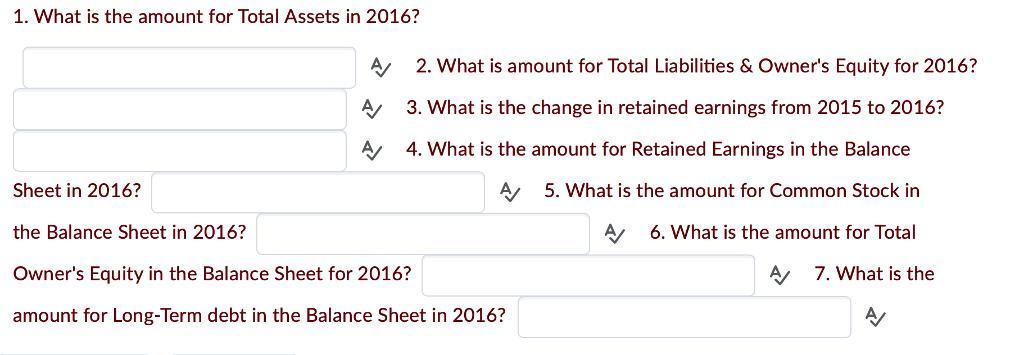 1. What is the amount for Total Assets in 2016? AA 2. What is amount for Total Liabilities &Owners Equity for 2016? 3. What is the change in retained earnings from 2015 to 2016? 4. What is the amount for Retained Earnings in the Balance Sheet in 2016? the Balance Sheet in 2016? Owners Equity in the Balance Sheet for 2016? amount for Long-Term debt in the Balance Sheet in 2016? A/ 5. What is the amount for Common Stock in A6. What is the amount for Total 7. What is the