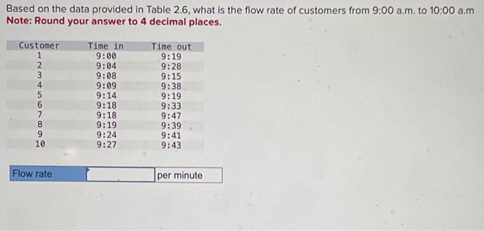 Based on the data provided in Table 2.6, what is the flow rate of customers from 9:00 a.m. to 10:00 a.m Note: