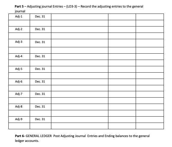 Part 5 - Adjusting journal Entries -(L03-3) - Record the adjusting entries to the general journal Adj-1 Dec. 31 Adj-2 Dec. 31