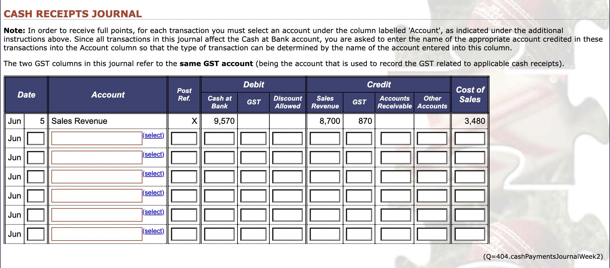 Note: In order to receive full points, for each transaction you must select an account under the column labelled Account, a