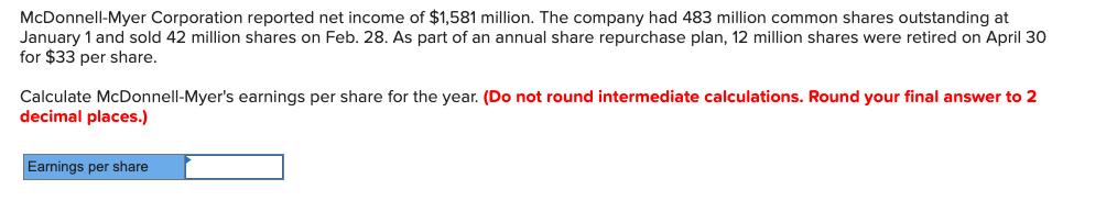 McDonnell-Myer Corporation reported net income of $1,581 million. The company had 483 million common shares outstanding at Ja