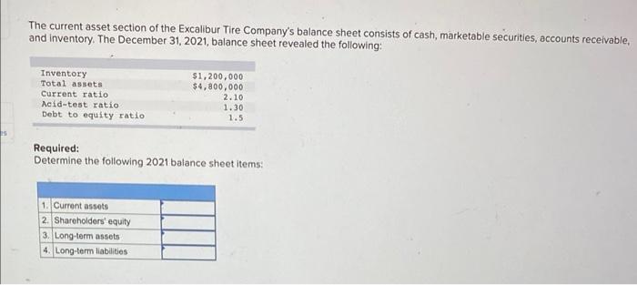 The current asset section of the Excalibur Tire Companys balance sheet consists of cash, marketable securities, accounts rec