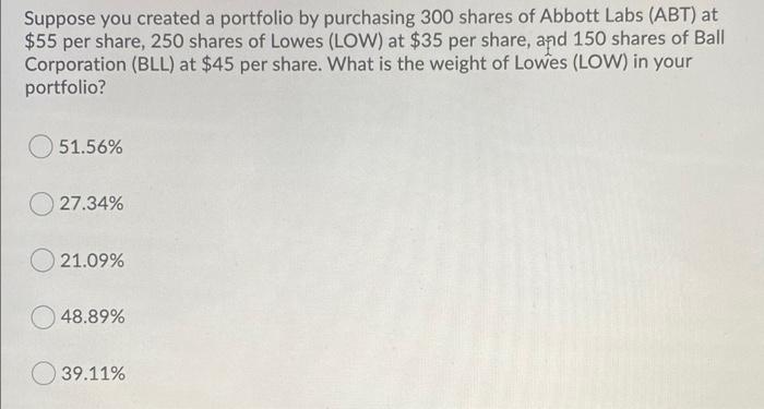 Suppose you created a portfolio by purchasing 300 shares of Abbott Labs (ABT) at $55 per share, 250 shares of Lowes (LOW) at