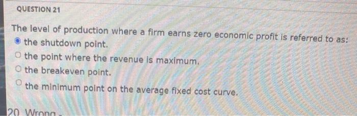 The level of production where a firm earns zero economic profit is referred to as: the shutdown point. the point where the re
