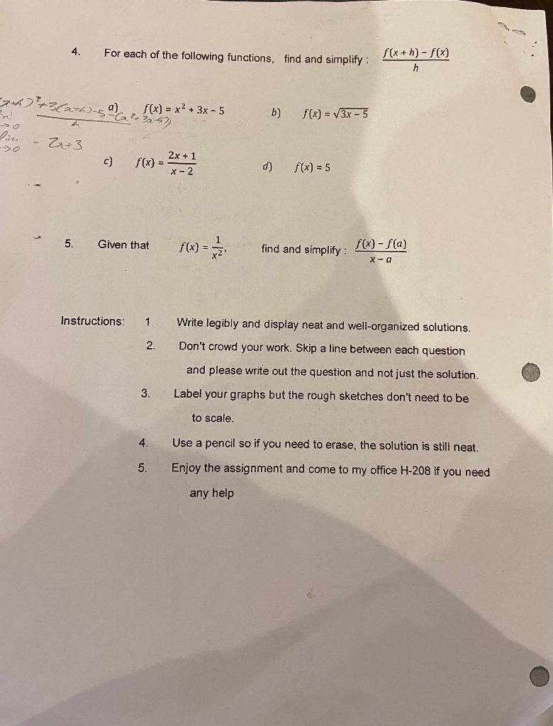 4. 7+h) +3 (236)-50 (2 f(x) = x + 3x - 5