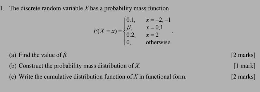 1. The discrete random variable X has a probability mass function x = -2,-1 x = 0,1 x = 2 otherwise P(X=x) =