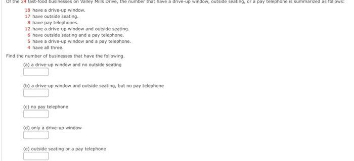 Of the 24 fast-food businesses on Valley Mills Drive, the number that have a drive-up window, outside