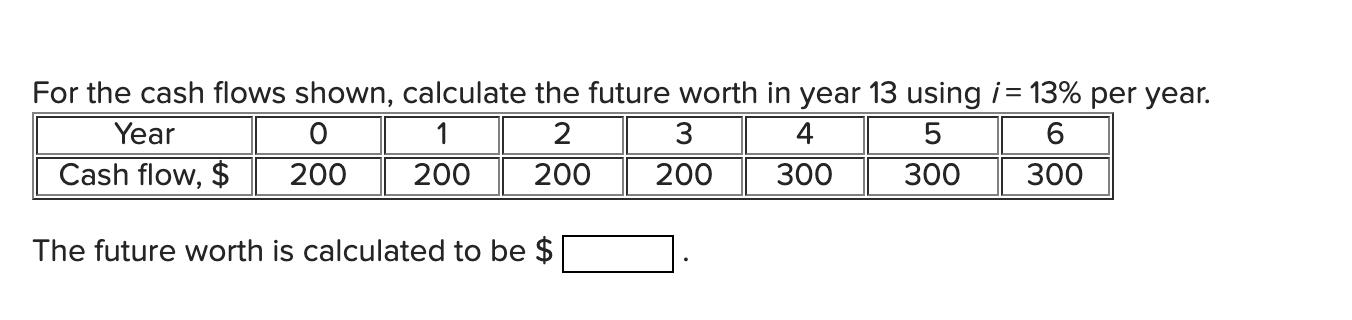 For the cash flows shown, calculate the future worth in year 13 using i= 13% per year. Year 1 2 5 6 Cash