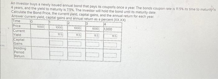 ces An investor buys a newly issued annual bond that pays its coupons once a year. The bonds coupon rate is