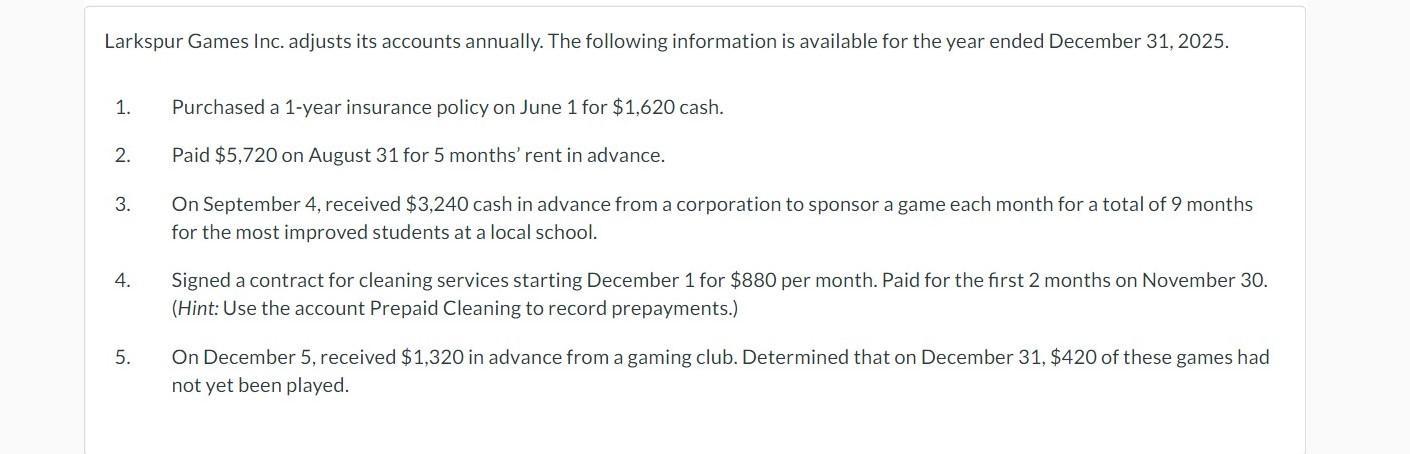 Larkspur Games Inc. adjusts its accounts annually. The following information is available for the year ended December ( 31,2