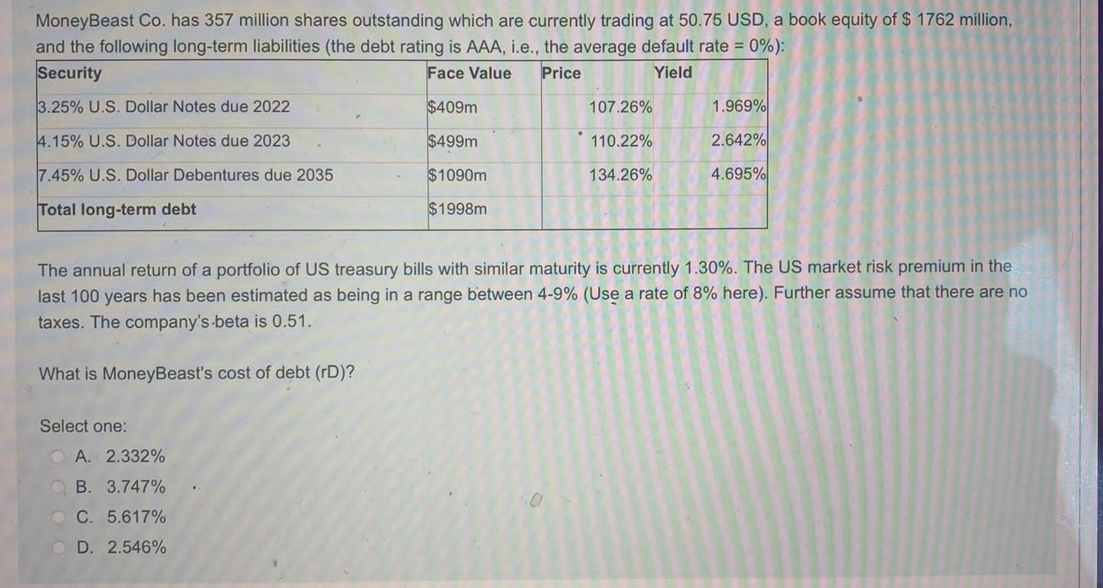 MoneyBeast Co. has 357 million shares outstanding which are currently trading at 50.75 USD, a book equity of $ 1762 million,