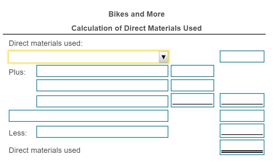 Bikes and More Calculation of Direct Materials Used Direct materials used: Plus: Less: Direct materials used