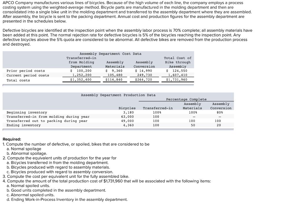APCO Company manufactures various lines of bicycles. Because of the high volume of each line, the company employs a process c