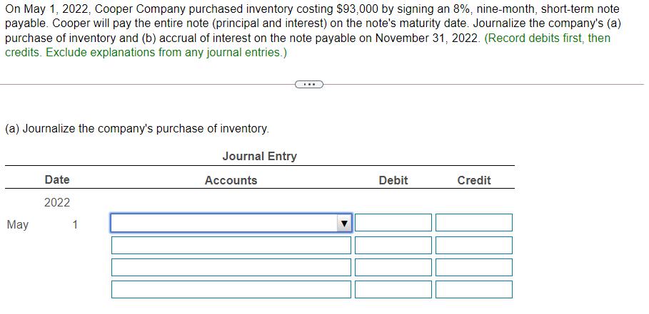 On May 1, 2022, Cooper Company purchased inventory costing $93,000 by signing an 8%, nine-month, short-term note payable. Coo