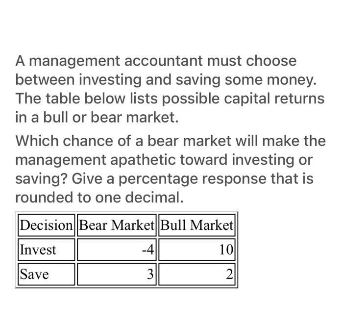 A management accountant must choose between investing and saving some money. The table below lists possible capital returns i
