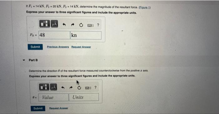 If ( F_{1}=14 mathrm{kN}, F_{2}=20 mathrm{kN}, F_{3}=14 mathrm{kN} ), determine the magnitude of the resultant force. (F