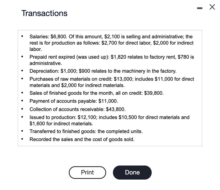 Transactions - Salaries: ( $ 6,800 ). Of this amount, ( $ 2,100 ) is selling and administrative; the rest is for produc