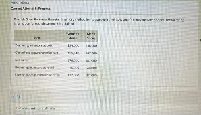 View Policies Current Attempt in Progress Bramble Shoe Store uses the retail inventory method for its two departments, Women